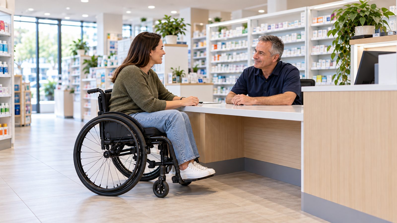 A wheelchair user and pharmacy staff member talking at eye level across a lowered counter.