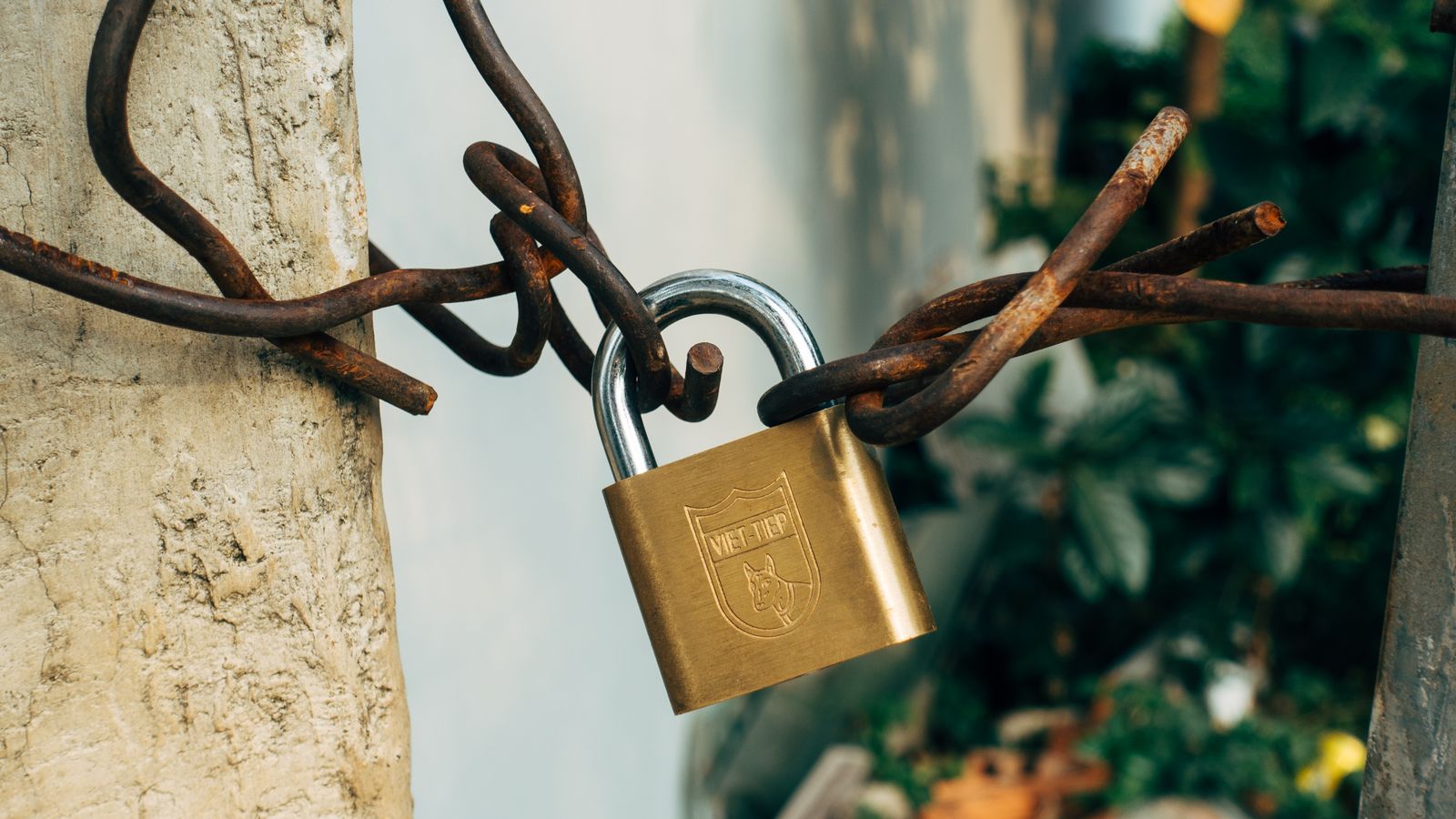 A metal padlock securing a chain