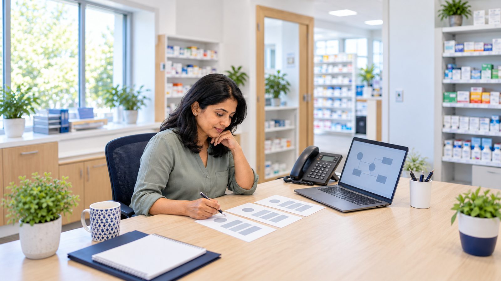 A pharmacy owner comparing three evaluation cards beside a desk phone and laptop.