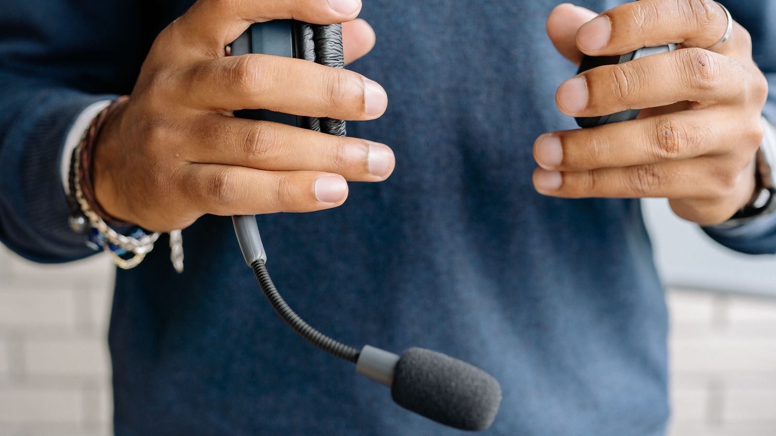 A person wearing a customer service headset