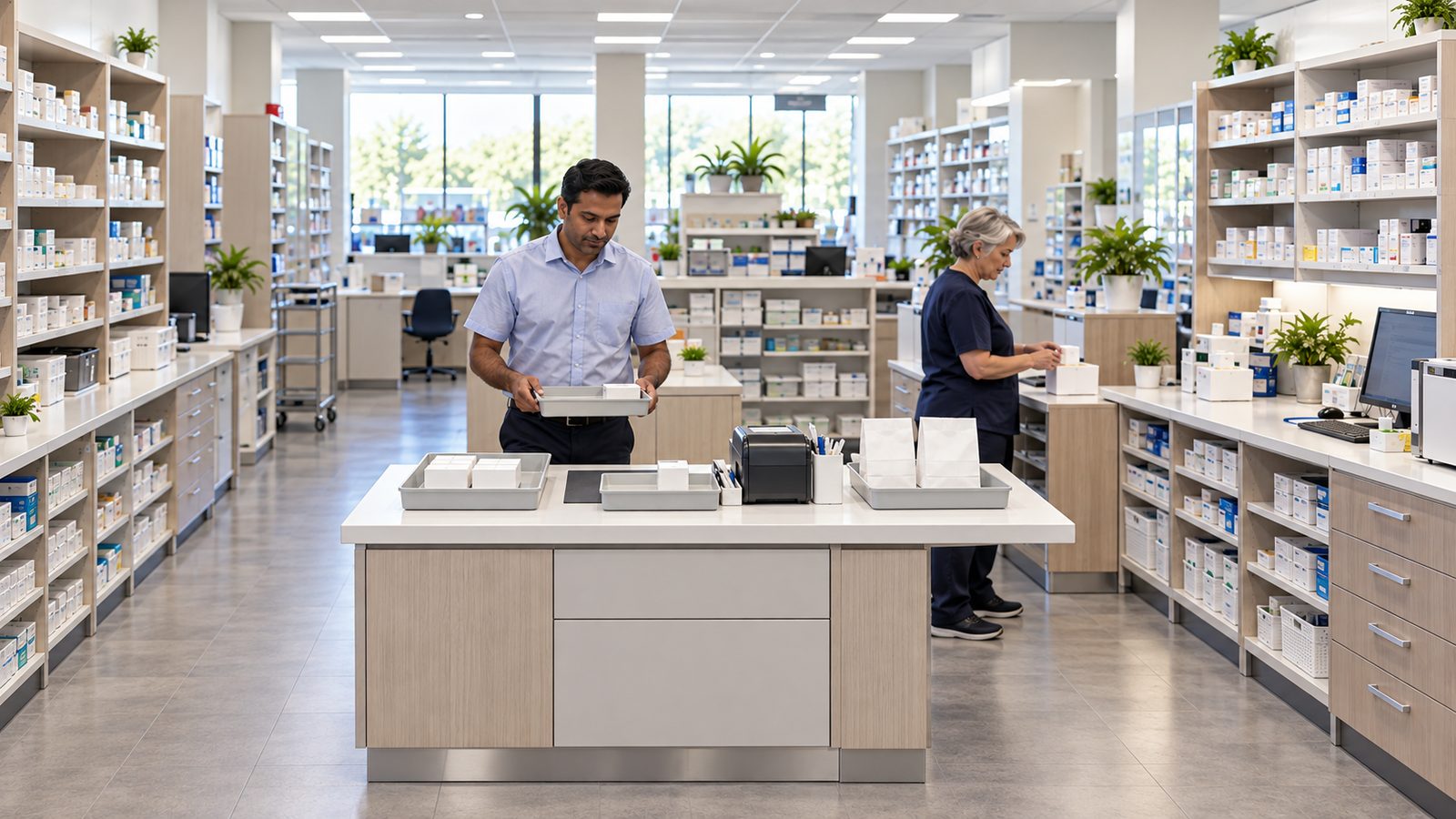 Pharmacy staff working around separate receiving, preparation and collection trays.