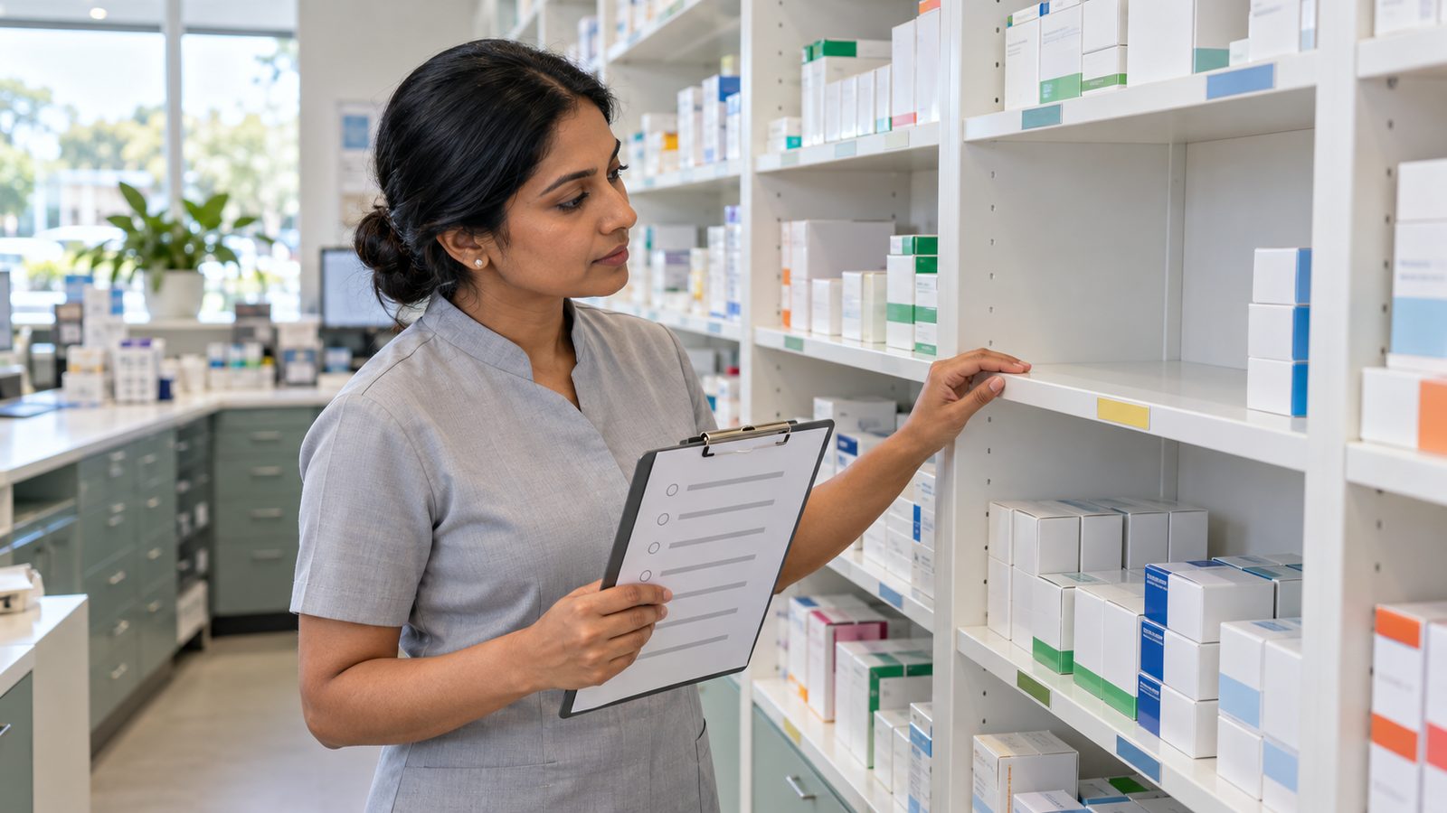 Pharmacist reviews an unlettered availability checklist beside an empty stock location in a pharmacy dispensary.
