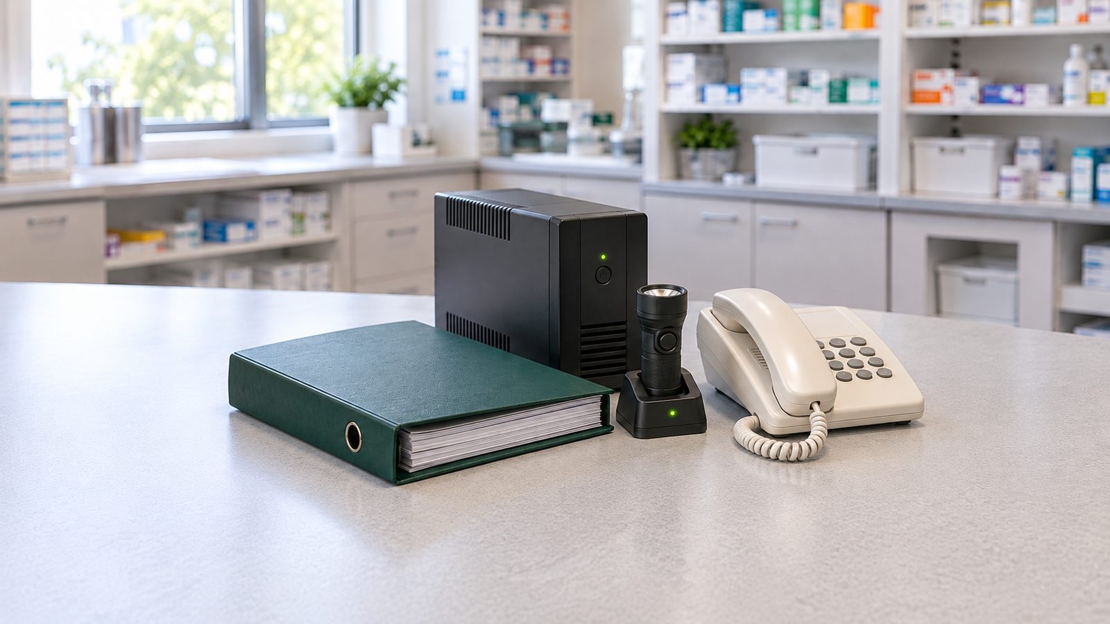 Closed continuity binder, compact backup UPS, charged torch and analogue telephone on a pharmacy back-office workbench.