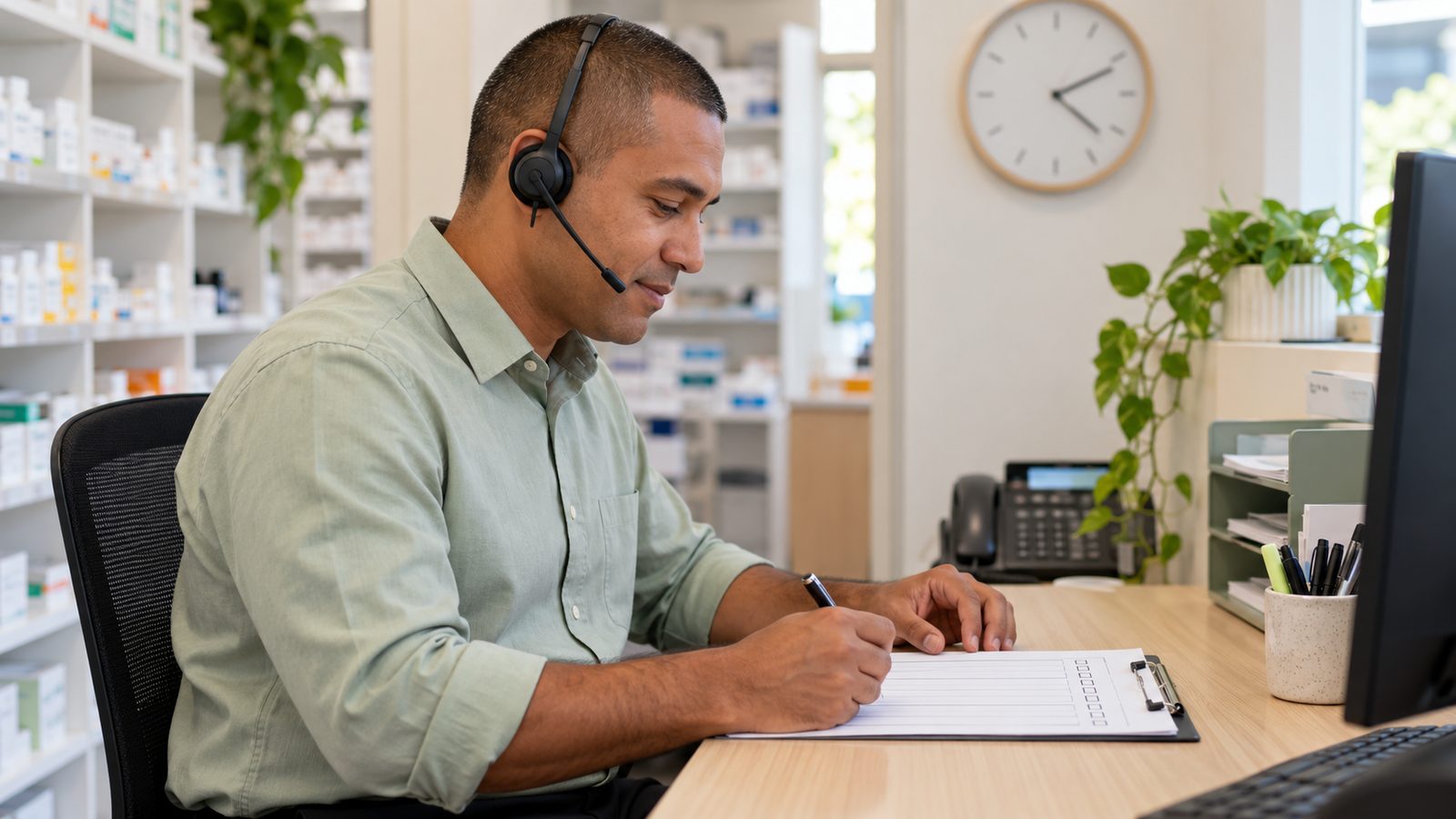 Pharmacy staff member wearing a headset and reviewing a blank callback log at a quiet desk.