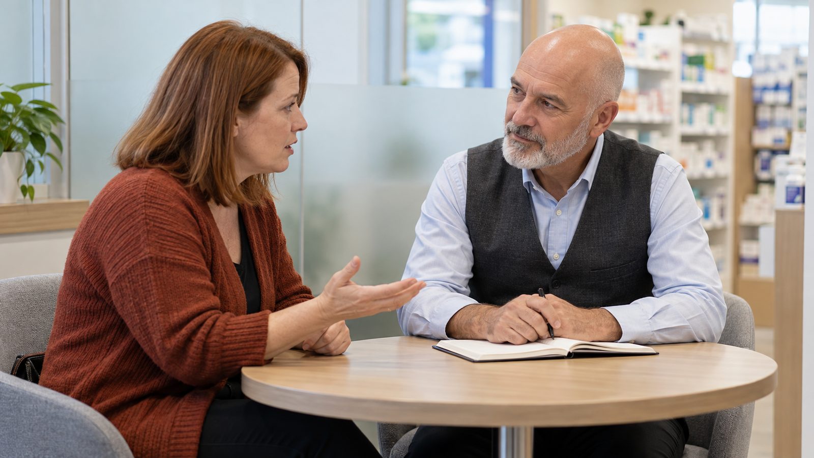Pharmacist listening calmly to an adult customer at a private consultation table with an open notebook.