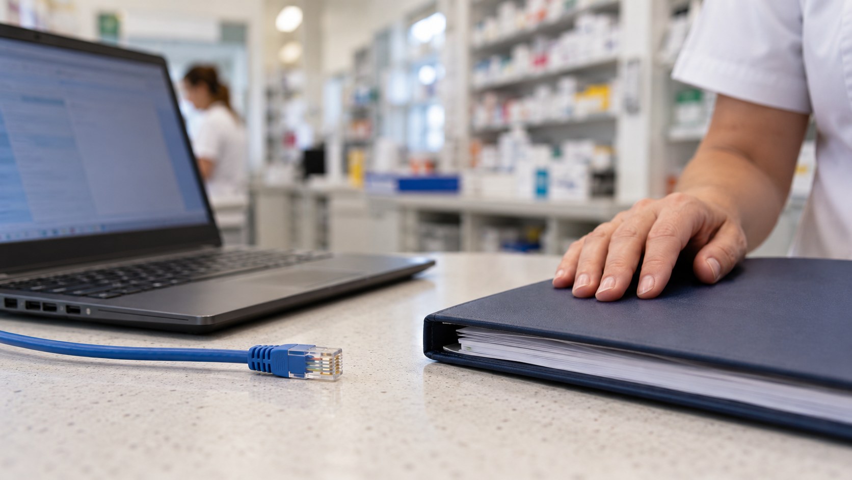 A laptop, disconnected network cable and closed incident folder in an illustrative pharmacy scene.