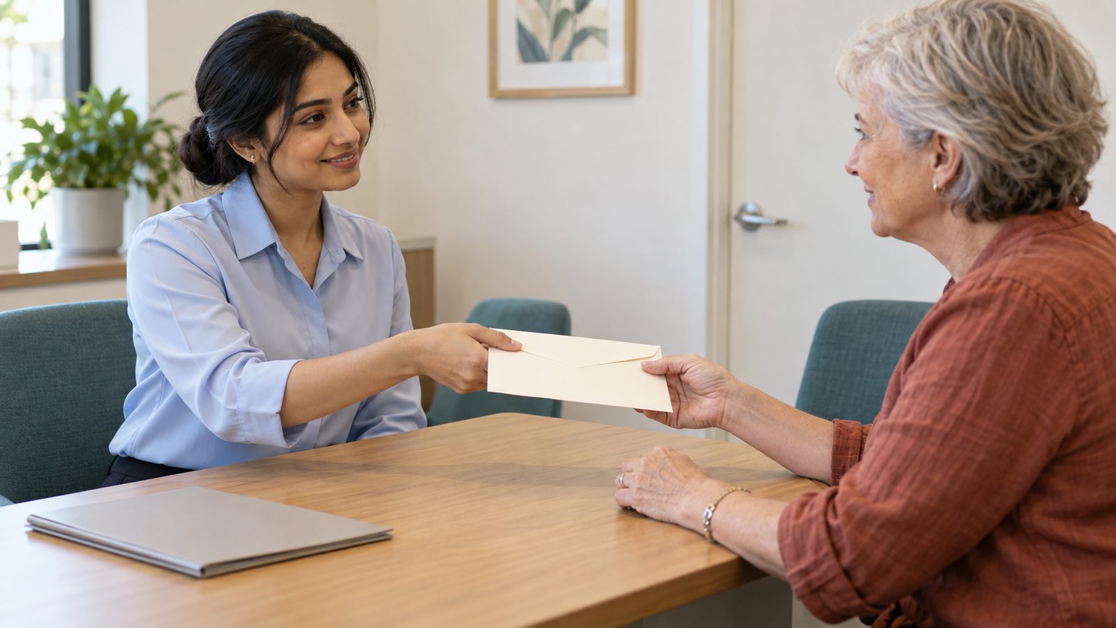 Pharmacy staff member passes a sealed plain envelope to an adult customer in a private consultation room.