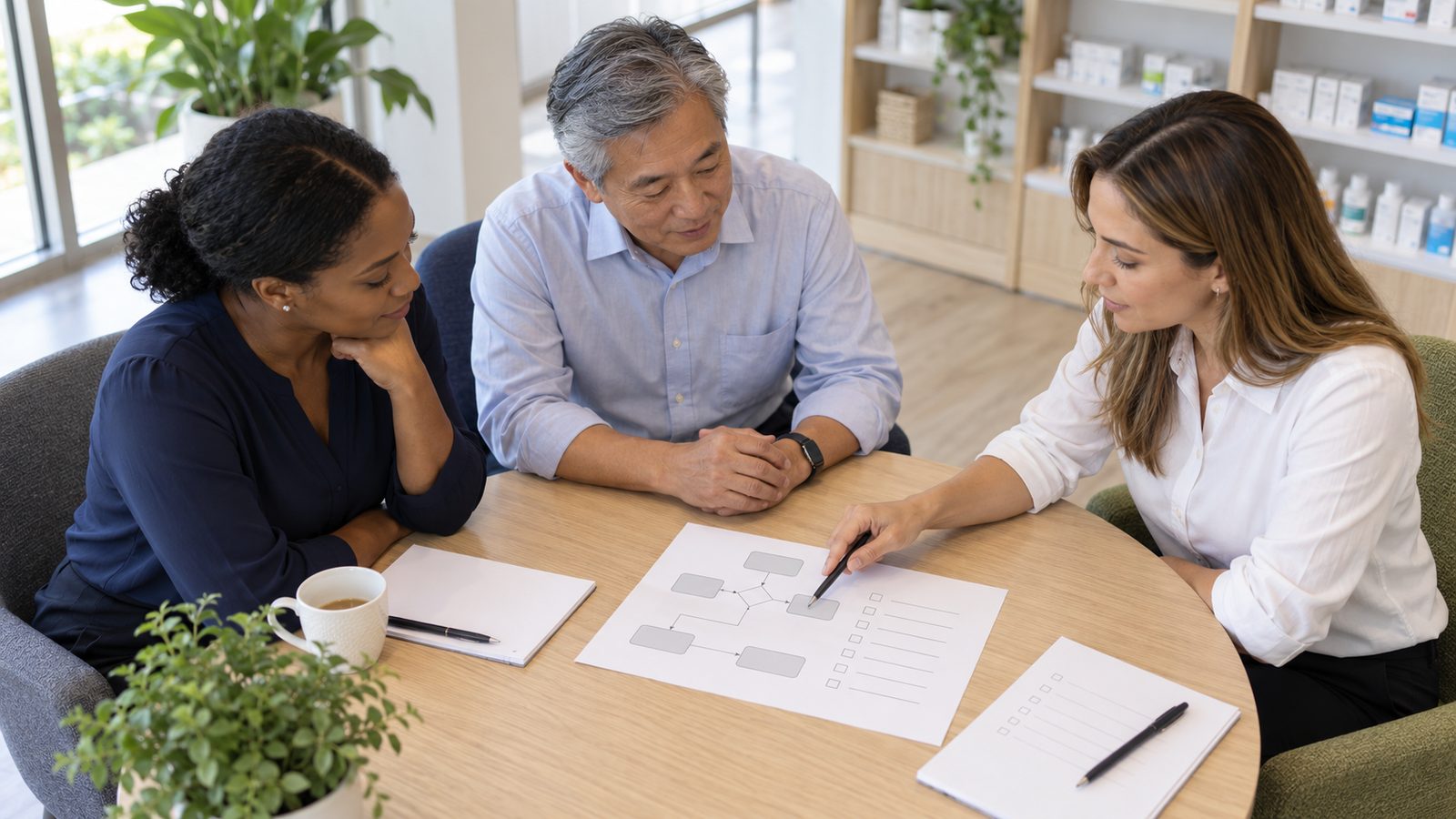 A pharmacy team reviewing a process diagram and checklist around a meeting table.
