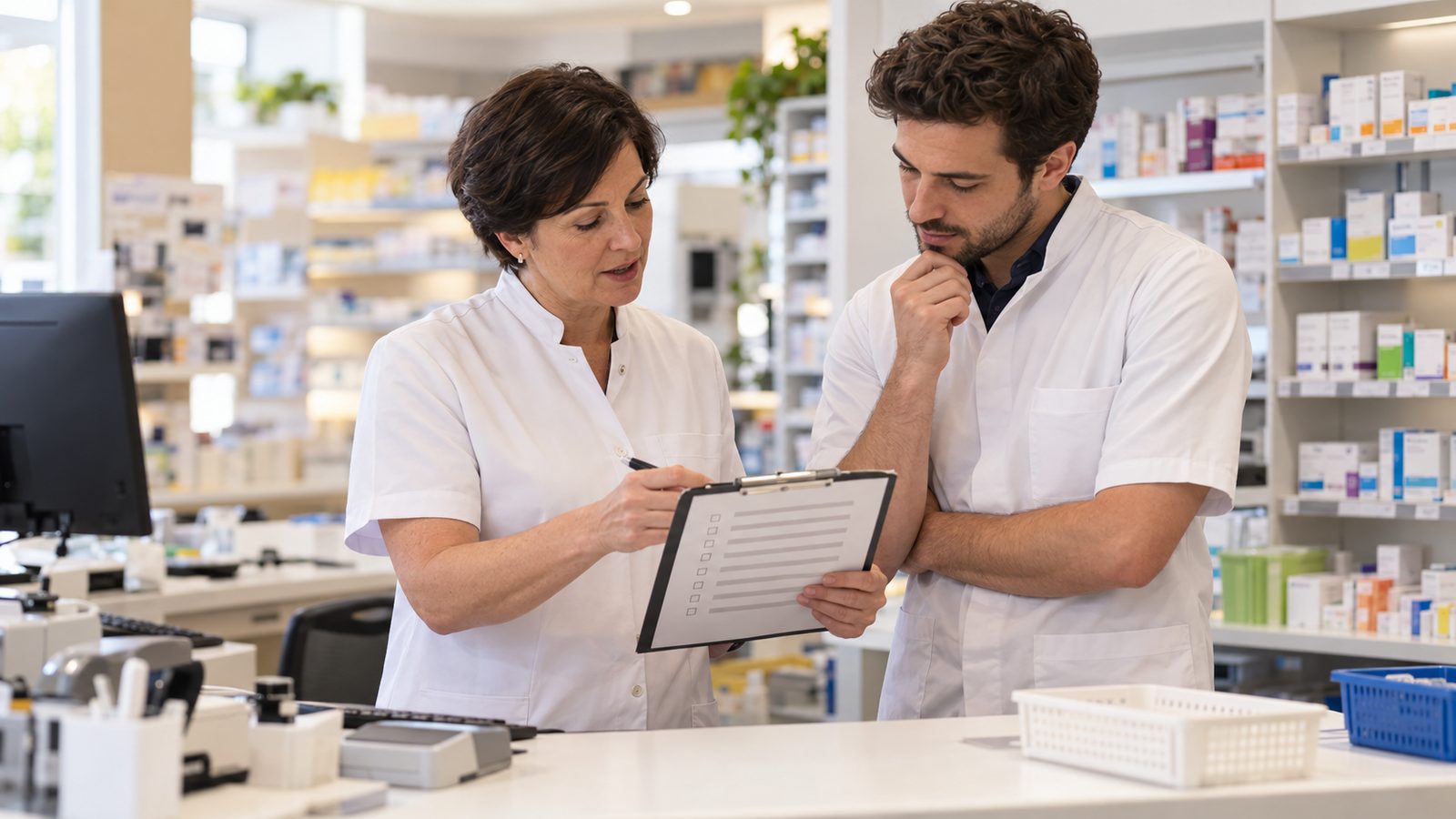 Two pharmacists reviewing an induction checklist at a community pharmacy workstation.