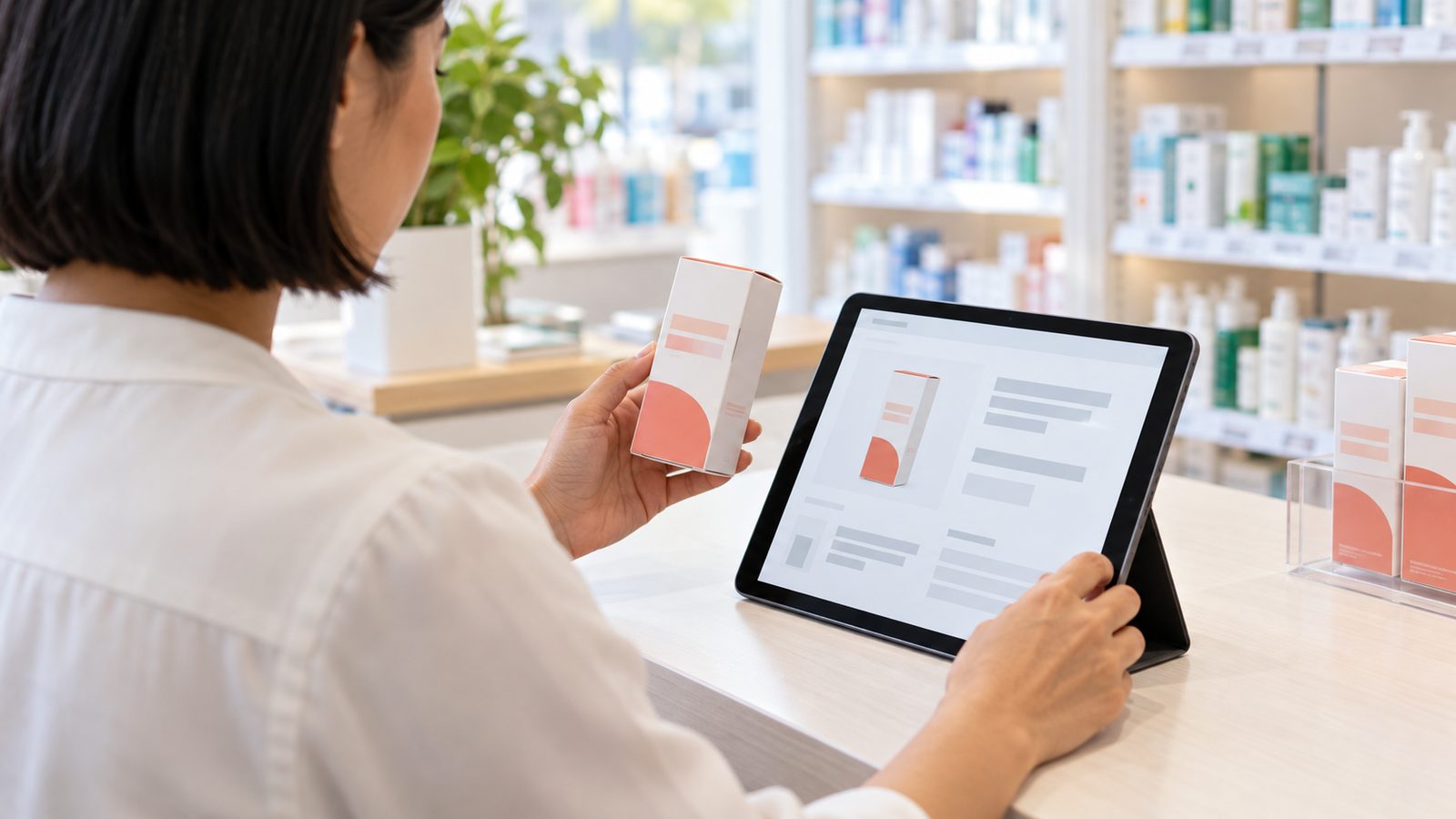 Pharmacy staff member comparing an unbranded retail carton with its abstract product listing on a tablet.