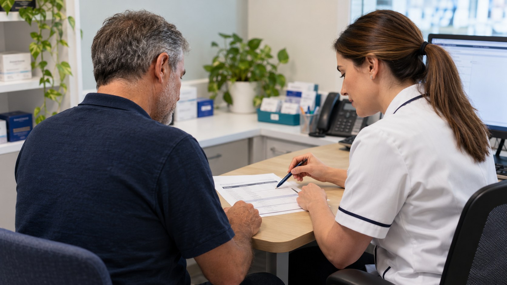 A patient and pharmacist discuss a record correction together at a private consultation desk.
