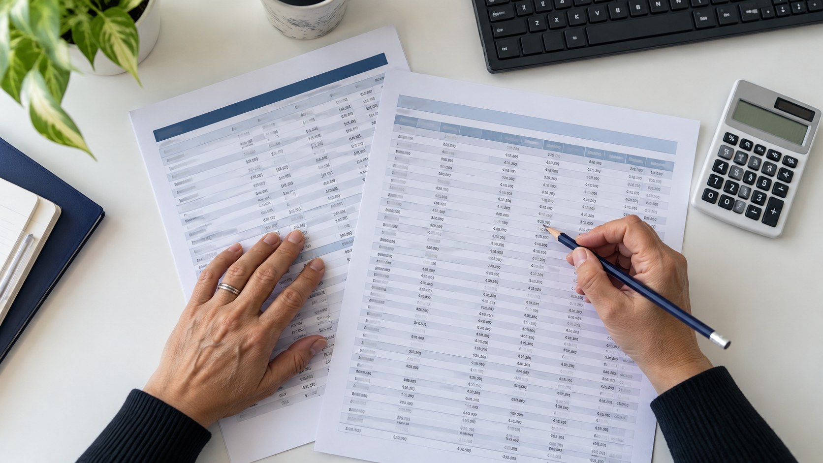 Hands compare two illustrative claim reports beside a calculator and keyboard.