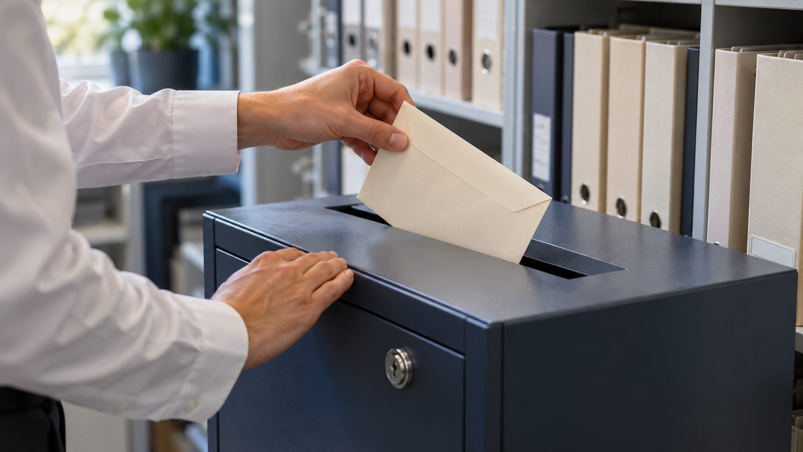 Pharmacy staff member placing a sealed envelope into a locked confidential-paper disposal console beside organised archive folders.