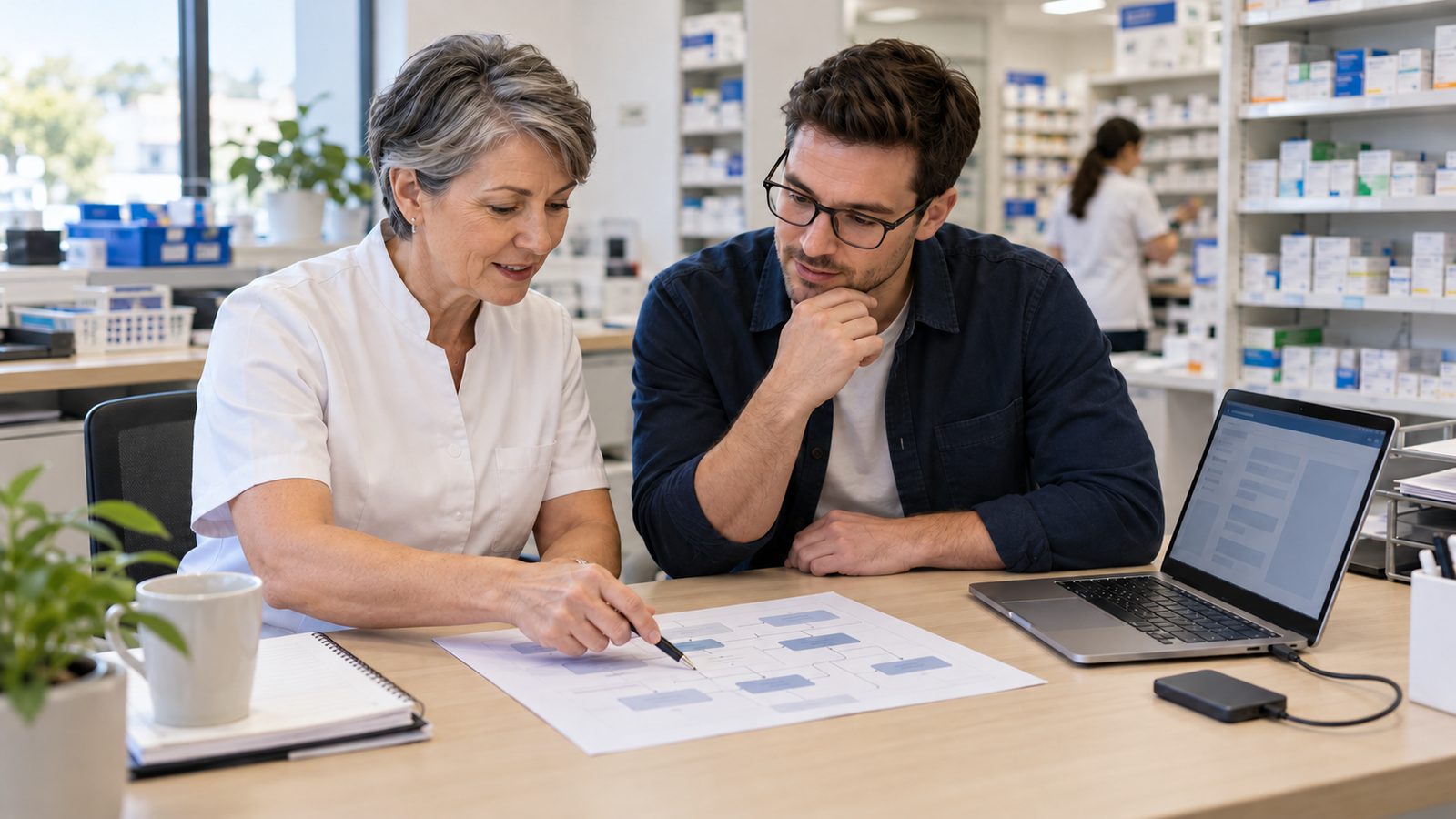 Pharmacist-owner and IT collaborator reviewing a software migration plan beside a laptop and external storage device.