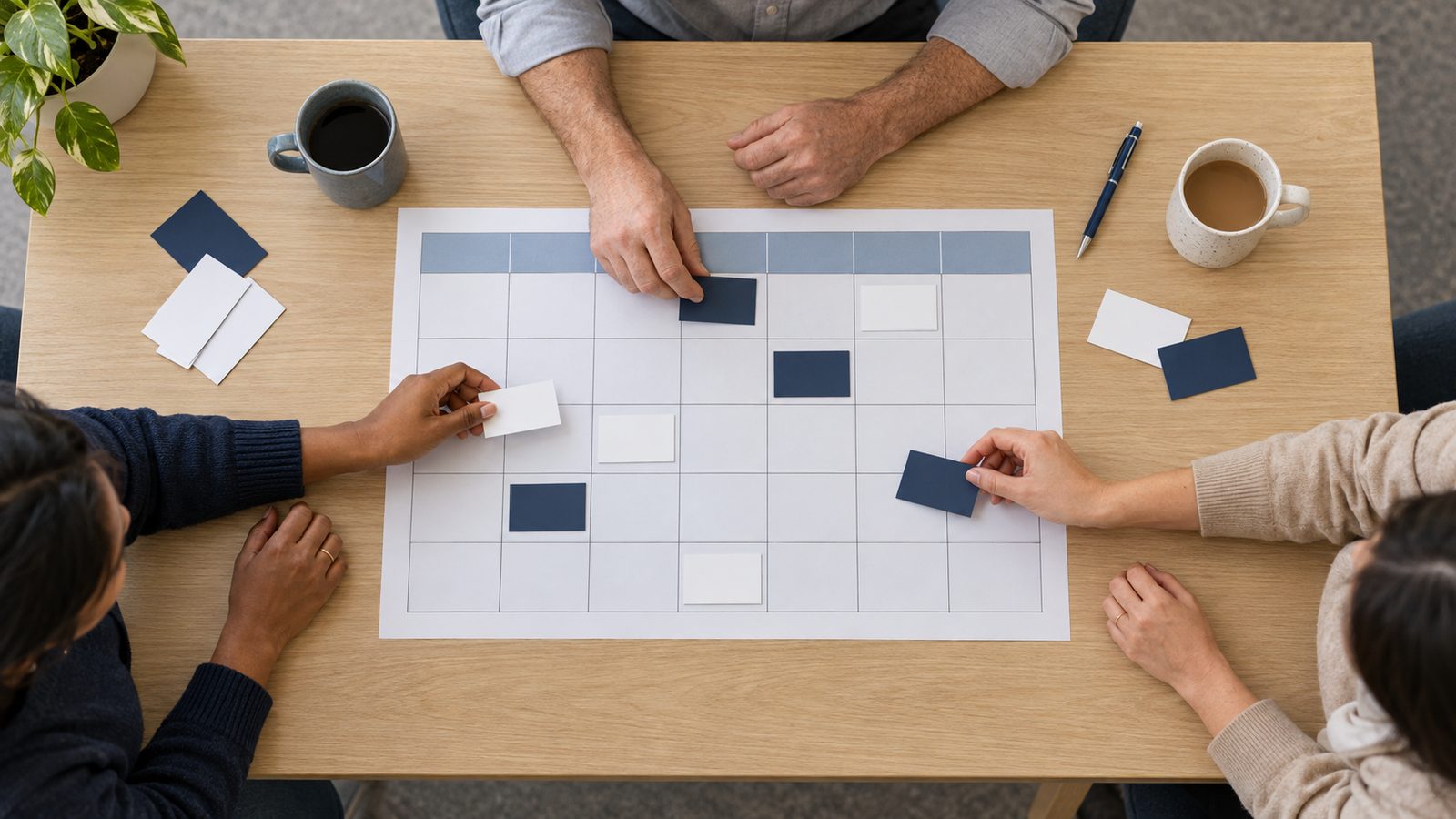 Pharmacy colleagues arranging blank shift cards on a weekly roster grid.