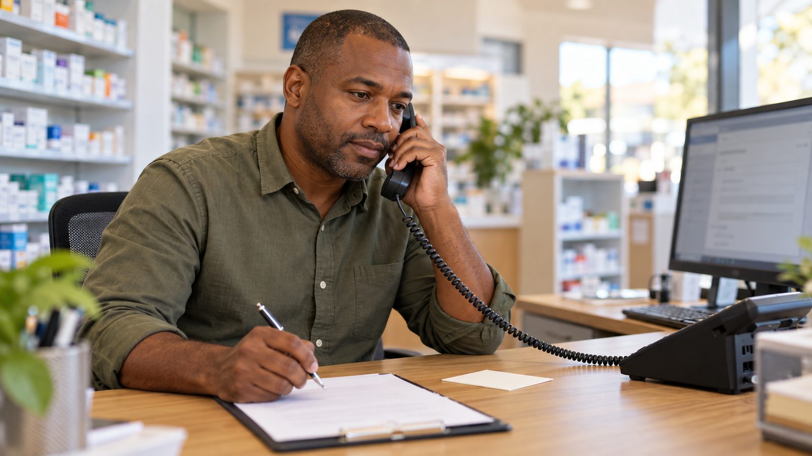 Pharmacy manager verifies a supplier payment change by telephone with a pen paused above an approval sheet.
