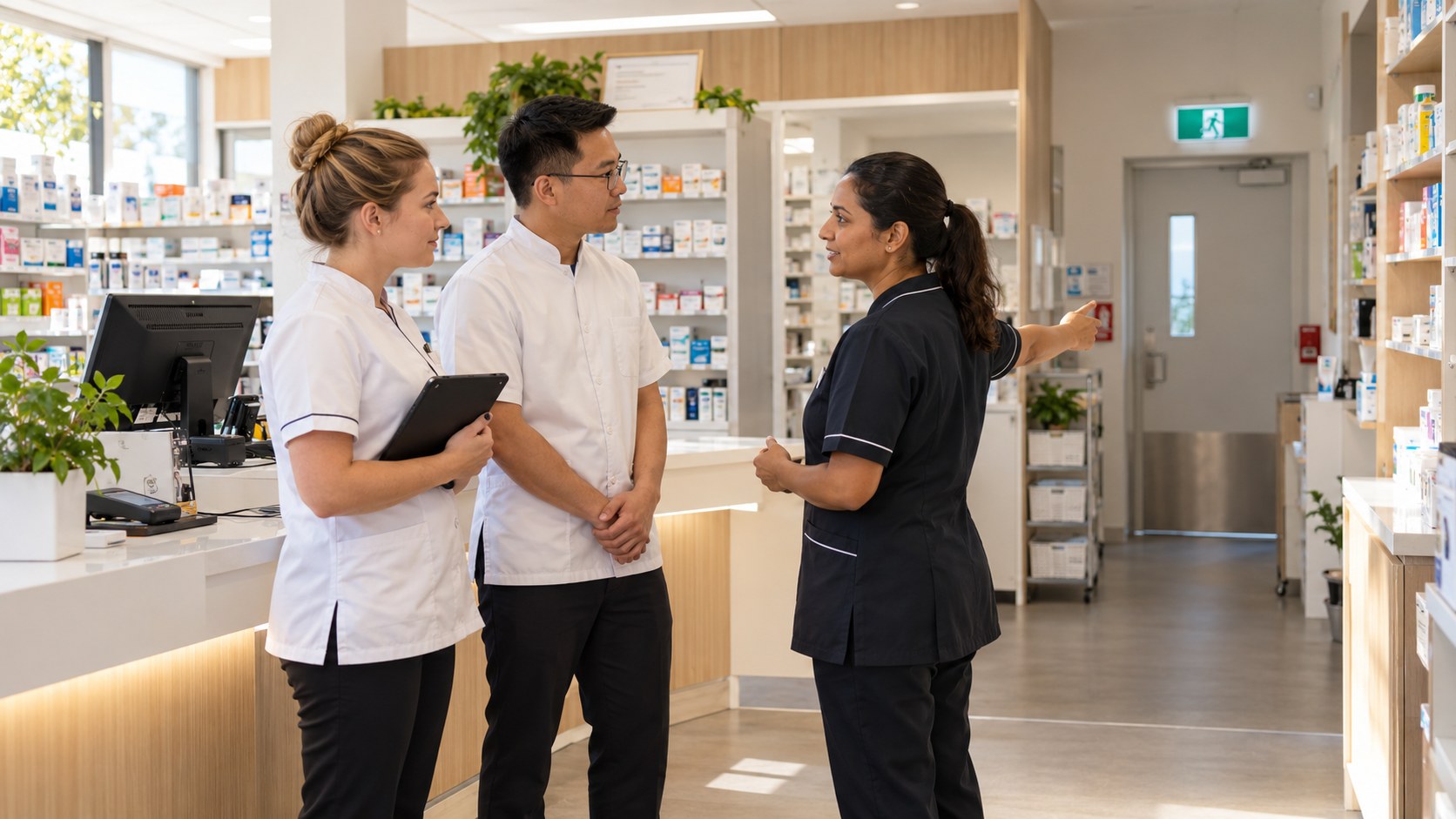 Pharmacy staff rehearse a safety discussion beside a clear route to an exit.