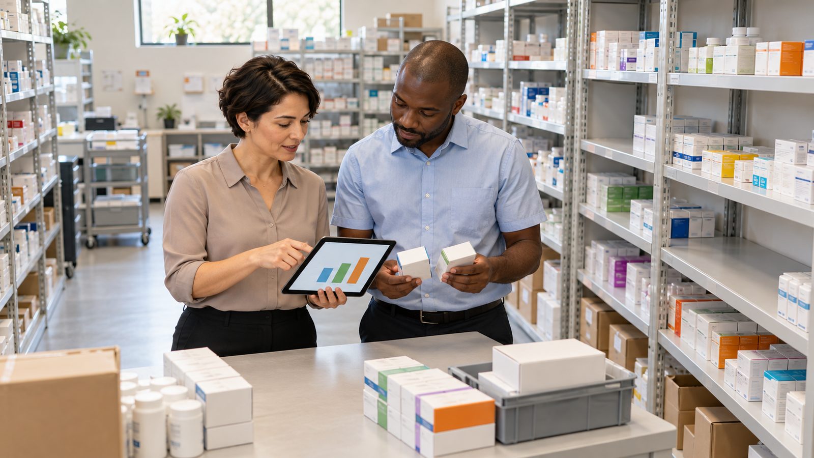 Two pharmacy staff compare cartons and a tablet chart in an organised stockroom with clear shelf capacity.
