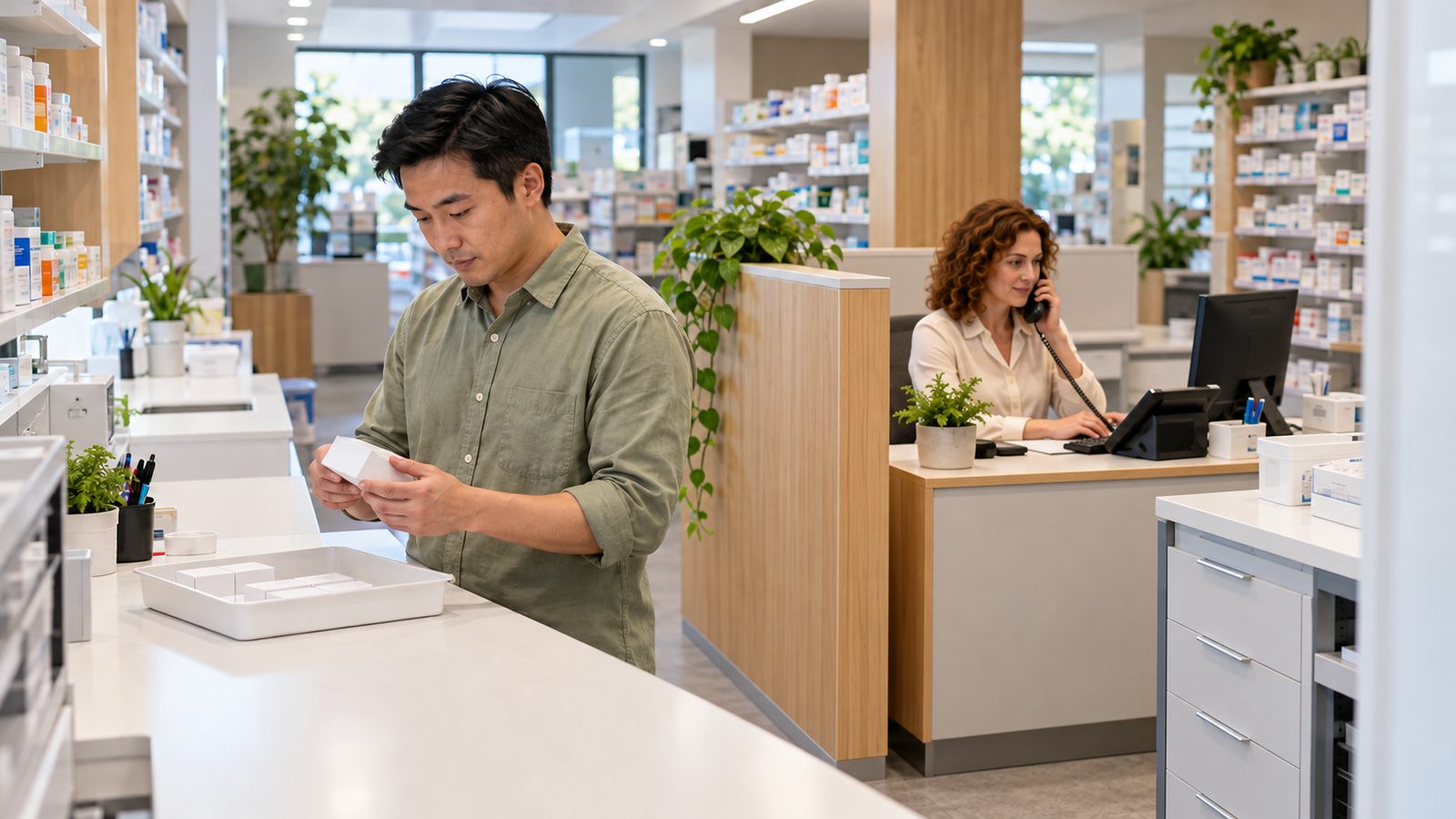 Pharmacy staff member checks a carton at a quiet bench while a colleague handles a telephone enquiry at a separate workstation.